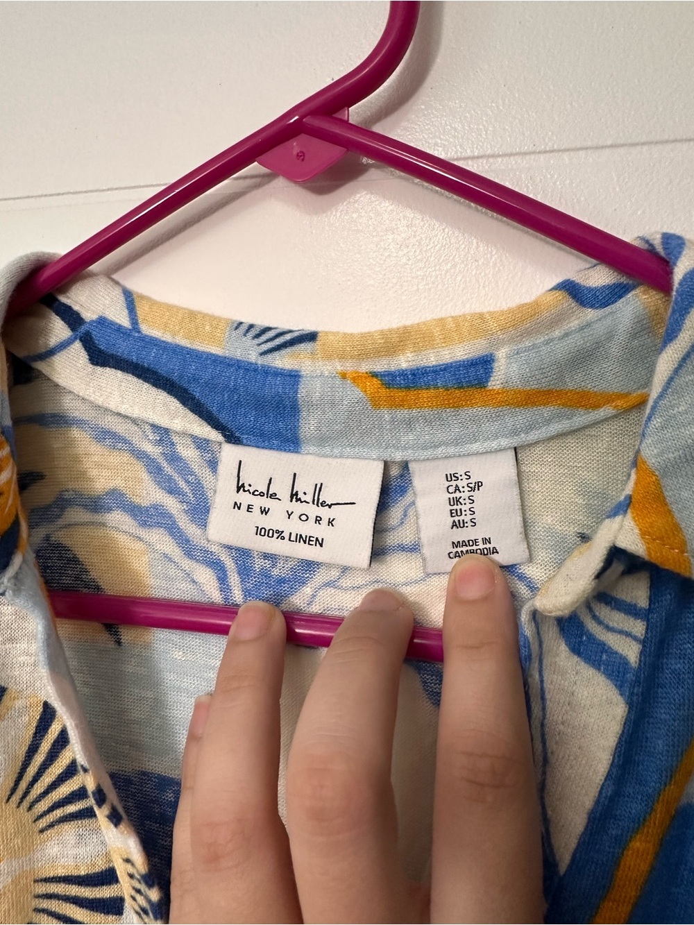 Nicole Miller 100% Linen Blue Floral Tropical Print Cap-Sleeve Collar Top Size S - Picture 4 of 6